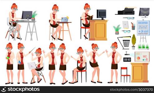 Office Worker Vector. Woman. Professional Officer, Clerk. Adult Business Female. Lady Face Emotions, Various Gestures. Isolated Cartoon Illustration. Office Worker Vector. Woman. Successful Officer, Clerk, Servant. Business Woman Worker. Face Emotions, Various Gestures Isolated Flat Illustration