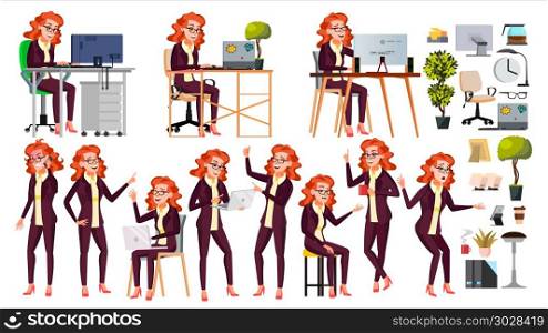 Office Worker Vector. Woman. Professional Officer, Clerk. Businessman Female. Lady Face Emotions. Isolated Flat Character Illustration. Office Worker Vector. Woman. Face Emotions, Various Gestures. Isolated Cartoon Character Illustration
