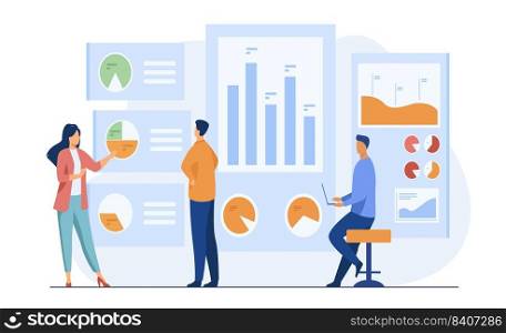 Office workers analyzing and researching business data vector illustration. Marketing analysts developing strategy. Business people studying infographics and diagrams on dashboard