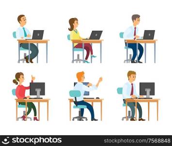 Office workers at computers and laptops, businessmen and businesswomen vector. Clerks and secretaries, managers or programmers isolated characters. Office Workers at Computers and Laptops, Business