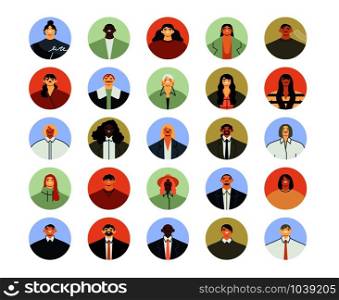 Office workers avatars. Round business men and women portraits, professional worker avatar and employee people flat vector illustration set. Clerk characters social media photo icons collection. Office workers avatars. Round business men and women portraits, professional worker avatar and employee people flat vector illustration set. Young people social media photo icons pack