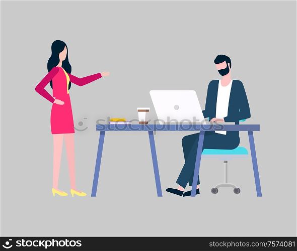 Office workers, boss and secretary with laptop vector. Woman talking to man at desktop with coffee and folder, professional relationships, business. Office Workers, Boss and Secretary with Laptop
