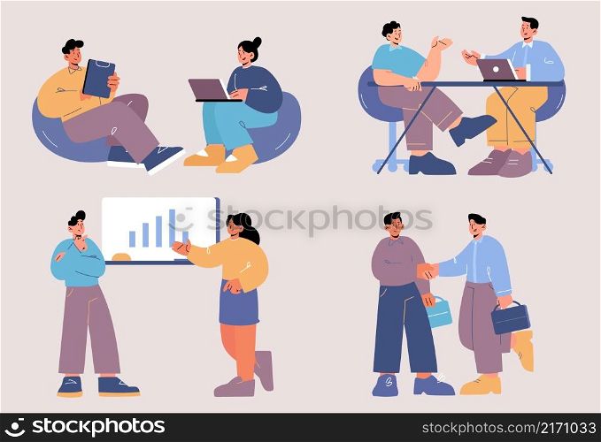 Office workers business men and women characters work on laptops, communicate, analysing data chart, shaking hands. Clerks, professional corporate employees, Line art flat vector illustration, set. Office workers business men and women characters