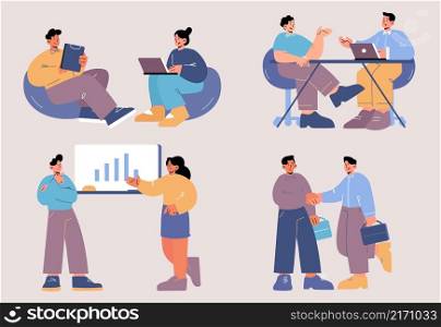 Office workers business men and women characters work on laptops, communicate, analysing data chart, shaking hands. Clerks, professional corporate employees, Line art flat vector illustration, set. Office workers business men and women characters