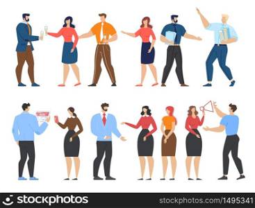 Office Workers, Business Partners, Marketer Cartoon People Characters Set. Women and Men Celebrating Signing Contract, Successful Project, Brainstorming, Communicating. Vector Flat Illustration. Office Workers and Business Cartoon People Set