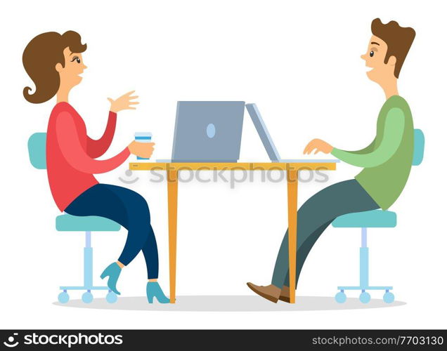 Office workers characters discussing matters, consult. Business people man and woman talking communication, sitting at office desk with laptops. Business meeting and consideration of working issues. Office workers characters discussing matters. Business meeting and consideration of working issues