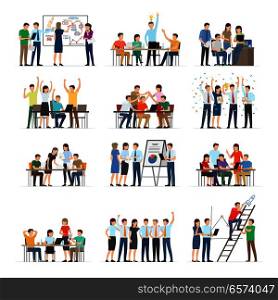 Office workers collaboration collection on white. Co working people discussing ideas. Vector illustration of business meeting, teamwork, collaboration and discussion, conference table, brainstorm.. Office Workers Collaboration Collection on White