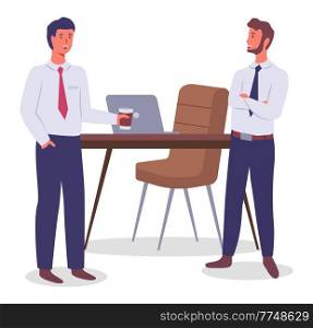 Office workers. Colleagues communicating. Executive guy wearing office suit talking with man holding cup with drink. Business people discuss a new project or startup, working. Boss and office worker. Executive guy wearing office suit talking with man holding cup with drink, colleagues talking