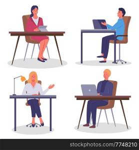 Office workers, collection of flat illustrations, people working with computers sit at desk, digital tablet, executive businessman and businesswoman, employees, business persons, women and men at work. Office workers, collection of flat illustrations, people working with computers, digital tablet
