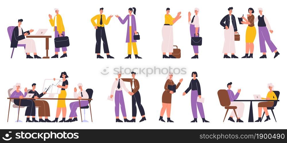 Office workers communicating, negotiating and concluding business deal. Business talk, formal negotiating vector illustration set. Professional business communication. Partnership in company team. Office workers communicating, negotiating and concluding business deal. Business talk, formal negotiating vector illustration set. Professional business communication
