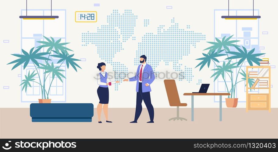 Office Workers Communication, Successful Business Partnership, CEOs Meeting Flat Vector Concept with Company Leader Handshaking with Business Partner, Welcoming Female Employee in Office Illustration