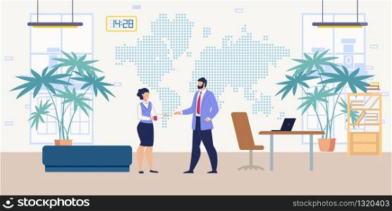 Office Workers Communication, Successful Business Partnership, CEOs Meeting Flat Vector Concept with Company Leader Handshaking with Business Partner, Welcoming Female Employee in Office Illustration