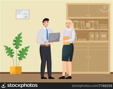 Office workers discussing matters. Businessman dressed in formal clothes with laptop talking. Business meeting and consideration of working issues at workspace. Woman talking to a man colleague. Office workers discussing matters. Businessman dressed in formal clothes with laptop talking