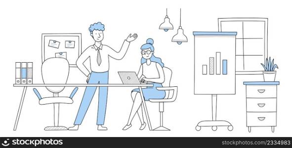 Office workers doodle concept with businessman and businesswoman communicate at workplace interior. Colleagues chatting at desk with laptop, whiteboard and memory board, Line art vector illustration. Office workers doodle concept, colleagues chatting