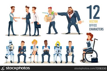 Office Workers, Employees for Hire Trendy Flat Vector Characters Set. Meting with Vacancy Candidates, Work Dismissal, People and Robots Waiting for Job Interview, Woman in Wheelchair Illustrations