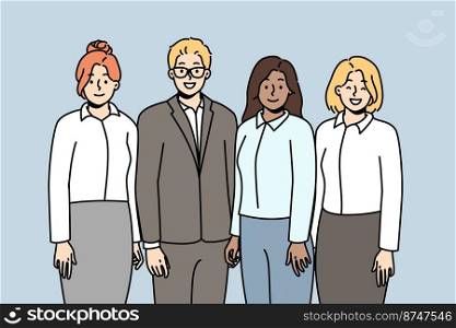 Office workers, employees stand, smile. Business team successful work at company. Businesswomen, businessman posing together. Corporate culture, meeting. Vector outline colorful illustration.. Business team successful work. Corporate culture.