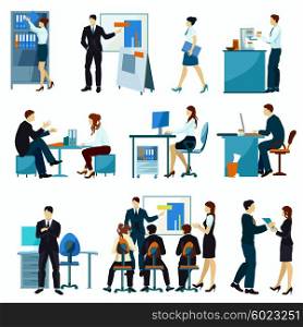 Office Workers Flat Set. Office workers flat set with workflow presentation discuss teamwork isolated vector illustration.