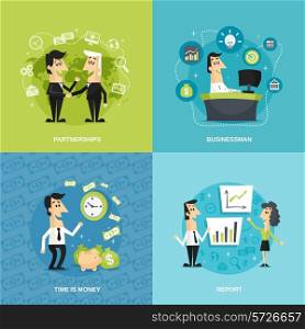 Office workers flat set with partnership businessman time is money report isolated vector illustration