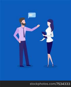 Office workers, man and woman, business talk or conversation. Employees discussing work, male and female characters, marketing vector illustration. Office Workers, Man and Woman, Business Talks