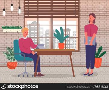 Office workers, man sitting at table with digital tablet, young woman with laptop standing near boss, colleagues communicating, stylish interior with window, people talking discussing, employees. Office workers, man sitting at table with digital tablet, young woman with laptop standing near boss