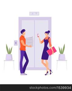 Office workers near elevator illustration. Two employees are waiting for elevator female character taking selfie and male character is holding stack of documents working vector business days.. Office workers near elevator illustration. Two employees are waiting for elevator.