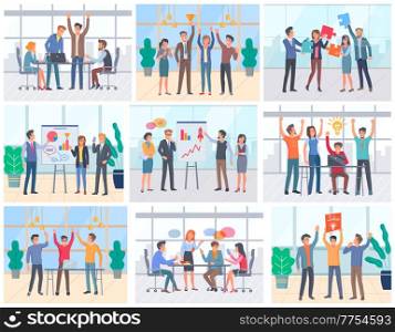 Office workers on team meeting vector, successful team teamwork with idea. Brainstorming concept. People holding jigsaw puzzle communication illustration. Collaboration of Team, Conference and Meeting Set
