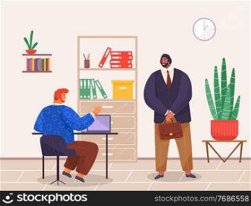 Office workers. Red-haired man, back view, wears blue sweater, sits at table with laptop, talks to black-haired bearded man in strict suit with briefcase. Bookcase, folders, clock, shelf, potted plant. Man uses laptop and talks to man with briefcase. Office employees communicate at workplace