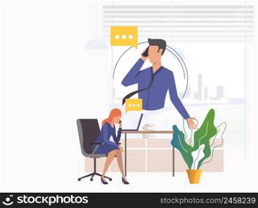 Office workers speaking on mobile phones. Man, woman, speech bubble, workplace. Communication concept. Vector illustration can be used for topics like phone talk, negotiation, dialogue