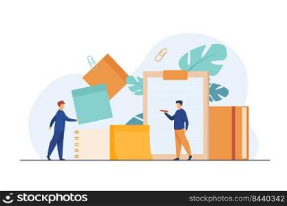 Office workers taking notes. Men sticking paper memos, writing in notepad with pencil, making checklist. Vector illustration for school supply, stationery, documents concept