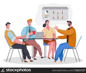 Office workers talking on company problems and data analysis. Isolated characters discussing ideas. Statistics on project on whiteboard. Visualized info for business personages. Vector in flat style. Workers on Business Meeting Using Charts on Board