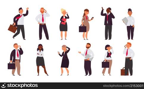 Office workers team. Man talk phone, enjoy company employee. Cartoon smiling angry business people, students teachers decent vector characters. Illustration office business team, worker people. Office workers team. Man talk phone, enjoy company employee. Cartoon smiling angry business people, students teachers decent vector characters