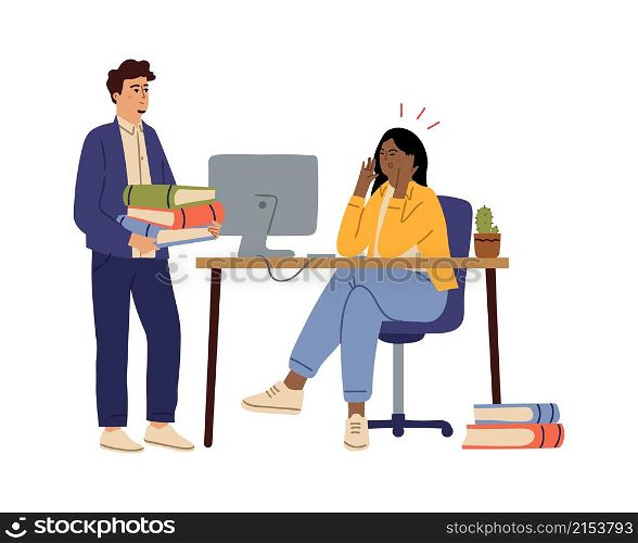 Office workers. Tired woman, overworking managers. Isolated cartoon man with books or paper folders. Angry female boss working on computer vector. Office employee work and woman tired illustration. Office workers. Tired woman, overworking managers. Isolated cartoon man with books or paper folders. Angry female boss working on computer vector concept