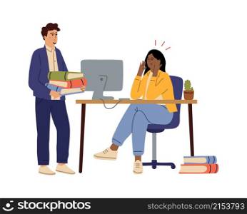 Office workers. Tired woman, overworking managers. Isolated cartoon man with books or paper folders. Angry female boss working on computer vector. Office employee work and woman tired illustration. Office workers. Tired woman, overworking managers. Isolated cartoon man with books or paper folders. Angry female boss working on computer vector concept