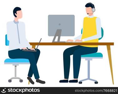 Office workers vector, isolated people working on business project development. Man using laptop wearing headphones. Meeting company brainstorming illustration in flat style design for web, print. Workplace of People, Teamwork Support of Service