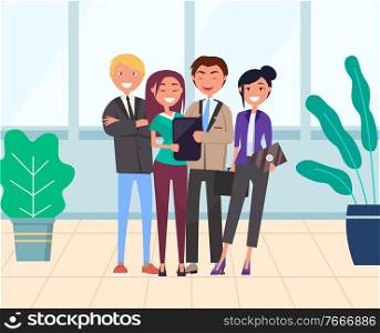 Office workers vector, man and woman with tablet and information. Businessman wearing formal clothes smiling team, teamwork meeting conference flat style. Secretary Man and Woman Teamwork Team in Office