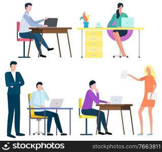 Office workers vector, people with laptops and computer working from home. Secretary and developer, lady boss giving tasks for person employee flat style. People Working in Office Distant Workers Freelance