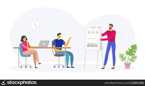 Office workflow process, teamwork project meeting concept. Vector office meeting, business team project, management workflow illustration. Office workflow process, teamwork project meeting concept