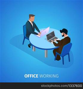 Office Working Square Banner. Couple of Businessmen Sitting at Table Face to Face Working on Laptops on Blue Gradient Background. Business People Employees Workplace. 3D Isometric Vector Illustration.. Office Working Banner. Businessmen Work on Laptops