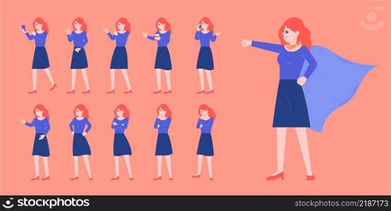 Office working woman employee various posing action flat vector illustration. For website, web, application, presentation, printing, document, poster design, social media, etc.