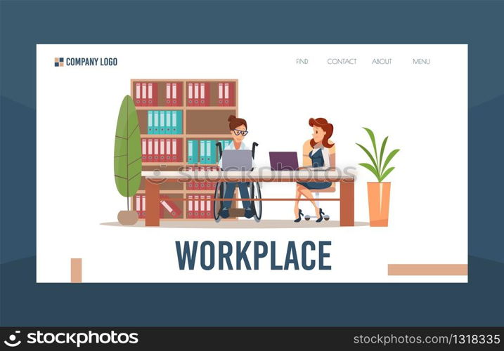 Office Workplace Adaptation for People with Disabilities Trendy Flat Vector Web Banner, Landing Page. Female Company Employees, Businesswoman in Wheelchair Working on Laptop at Desk Illustration