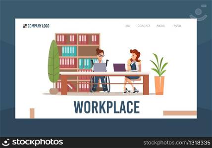 Office Workplace Adaptation for People with Disabilities Trendy Flat Vector Web Banner, Landing Page. Female Company Employees, Businesswoman in Wheelchair Working on Laptop at Desk Illustration