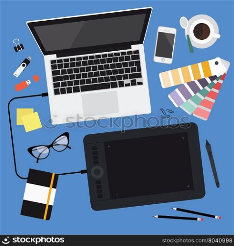 Office workplace business man working with laptop. Office workplace business man working with laptop vector art