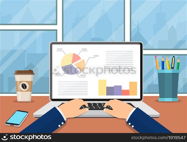 Office workplace. Business man working with laptop. Vector illustration in flat style. Business man working with laptop