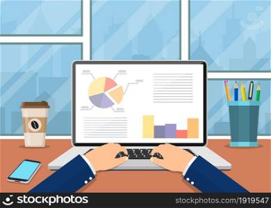 Office workplace. Business man working with laptop. Vector illustration in flat style. Business man working with laptop