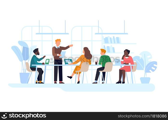 Office workplace. Business team work in modern interior, men and women hold conference indoor, employers conduct negotiation and working together vector concept. Office workplace. Business team work in modern interior, men and women hold conference indoor, employers conduct negotiation. Vector concept