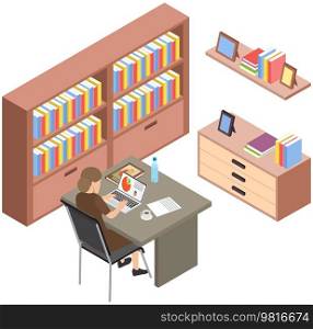 Office workplace. Business woman professional working laptop and documents on table. Employee working, remote job using personal computer for tasks completion. Female sitting near bookshelf with books. Office workplace. Business woman working with laptop and documents on table isolated illustration