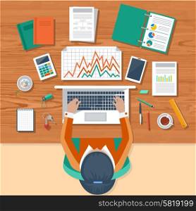 Office workplace. Business woman working with laptop and documents on table, top view. Flat design cartoon style
