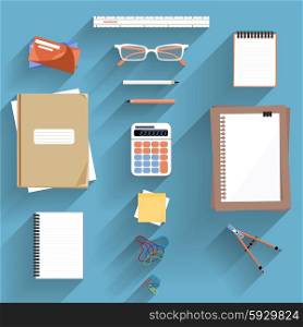 Office workplace. Calculator, ruler, book and paper page icon on an office desk. Flat icon modern design style concept