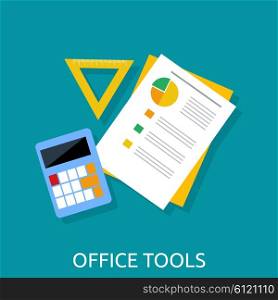 Office workplace. Calculator, ruler, book and paper page icon on an office desk. Flat icon modern design style concept. Office tools. Isolated office tools. Vector office tools