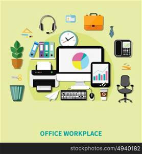 Office Workplace Composition . Office workplace composition of decorative icons with computer printer phone shelf with folders and waste basket flat vector illustration